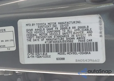 2003 Toyota Camry Se V6 z USA, uszkodzony, nr VIN 4T1BF30K63U553562